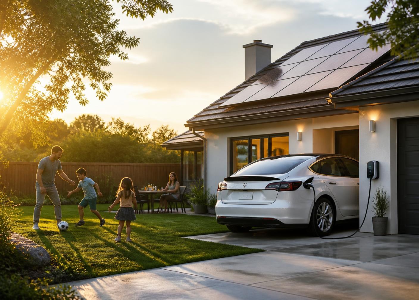 Family in the backyard while an electric car charges at a solar-powered home