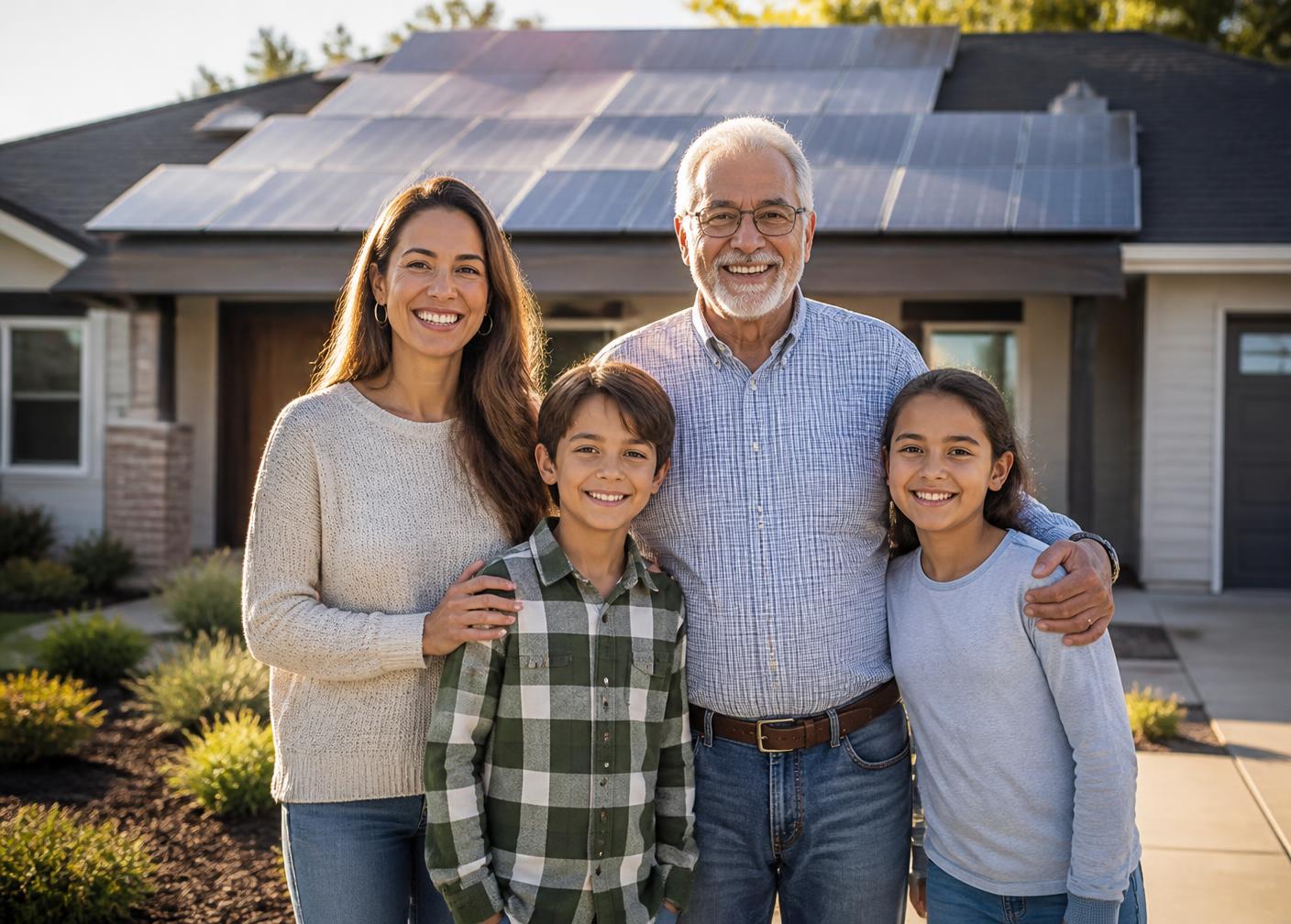 Family standing in front of their home with rooftop solar panels