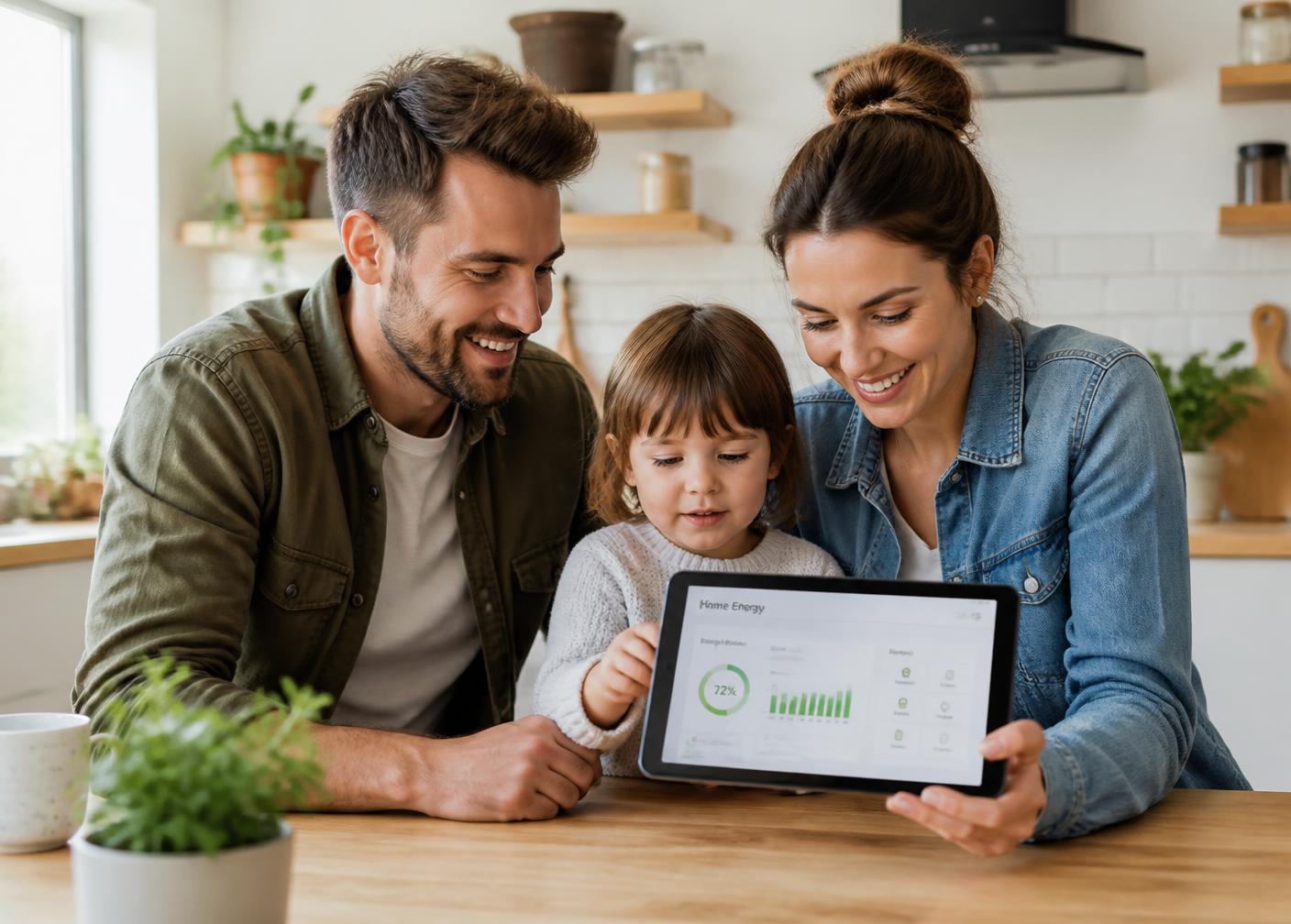 Parents and child checking home solar production on a tablet