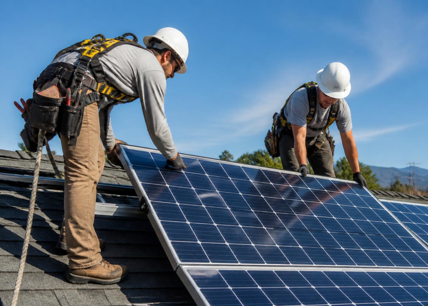 Certified installers mounting solar panels on a residential roof
